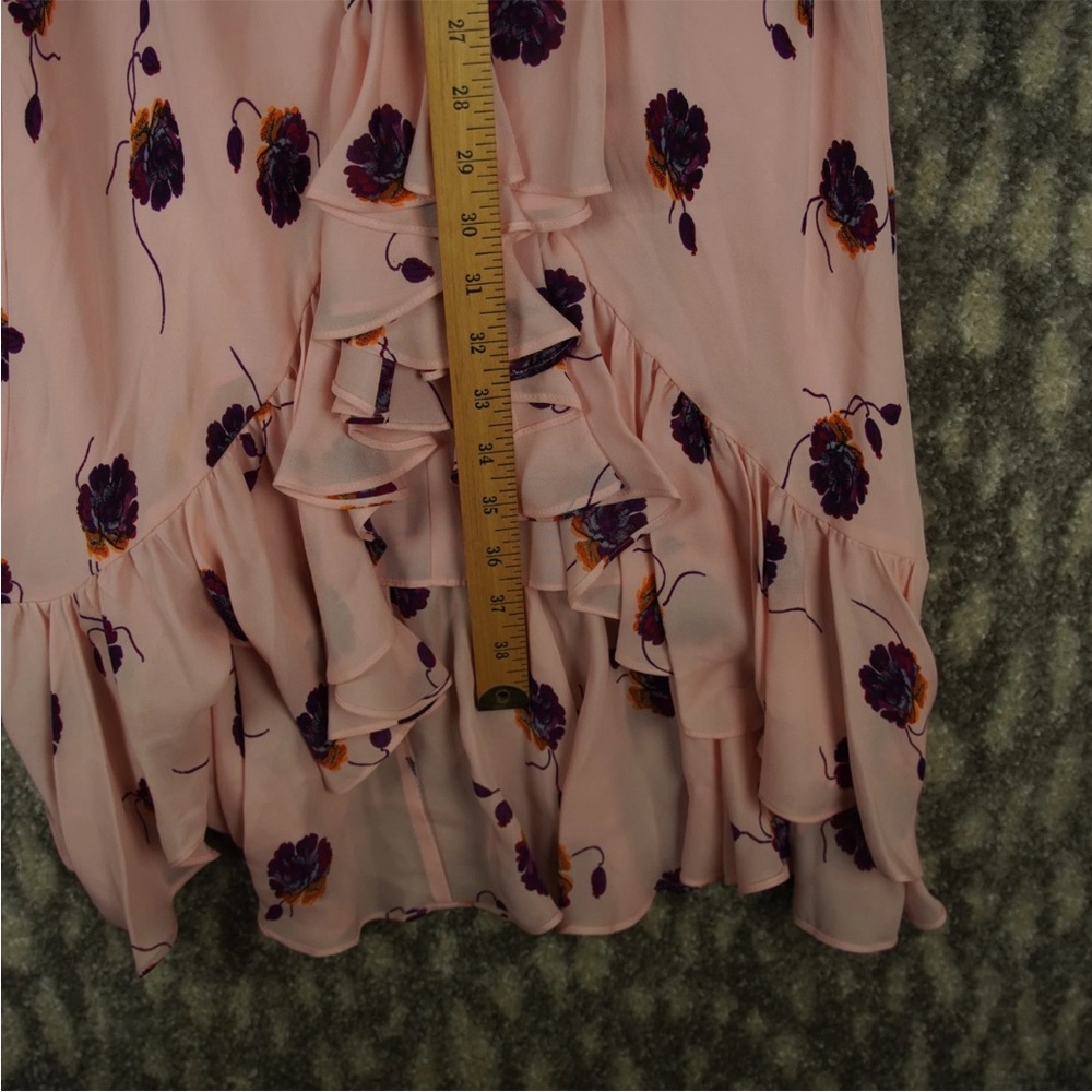 Cinq a Sept Midi Dress Blush Pink Floral Print Ruffle Trim Sz 4 Silk Bow Tie - Picture 14 of 15